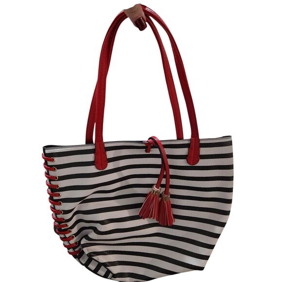 Striped Leather Tote Medium Size Carryall Beachy Casual Everyday Simple Corded - Picture 4 of 4